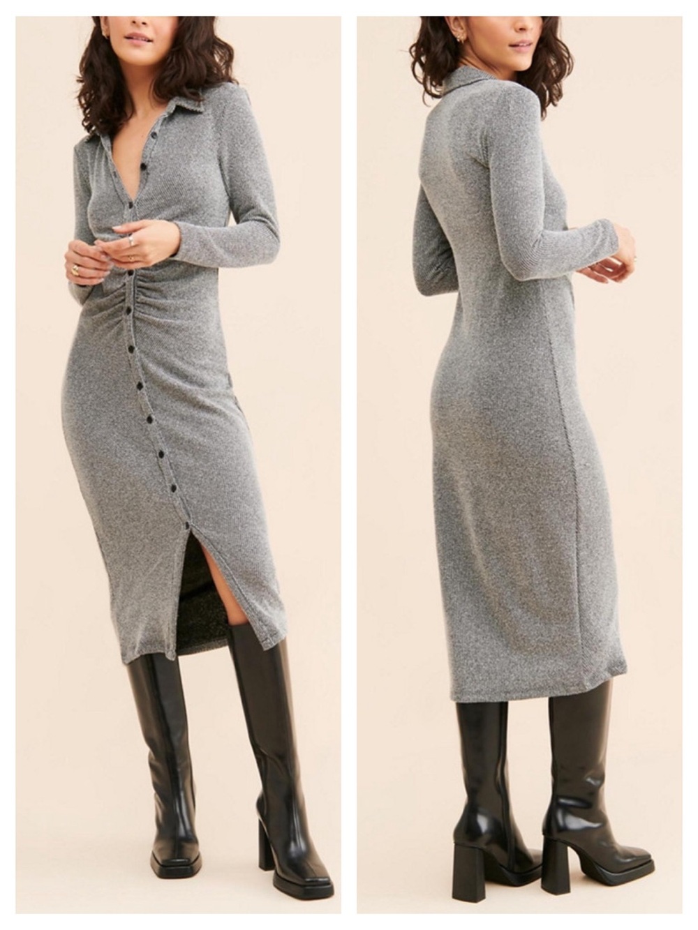 Anthropologie Knit Ruched Midi Dress XS Gray